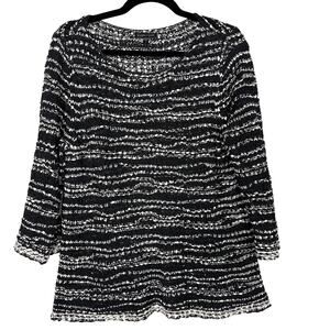 Eileen Fisher Small Black White Striped Open Knit Sweater Scoop Neck 3/4 Sleeve
